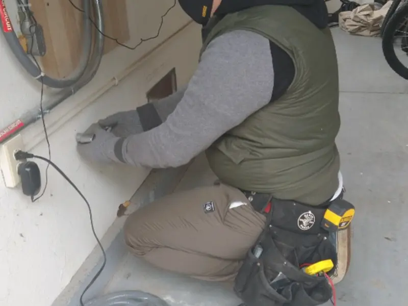 Electrician performing outlet wiring in a Brookline garage